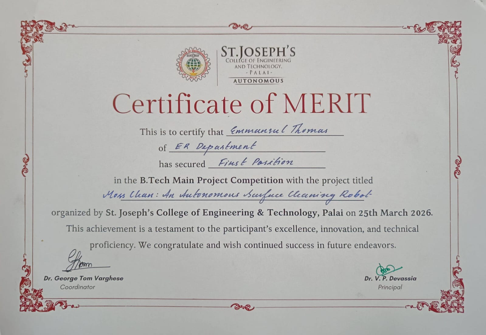 MossClean Winner Certificate